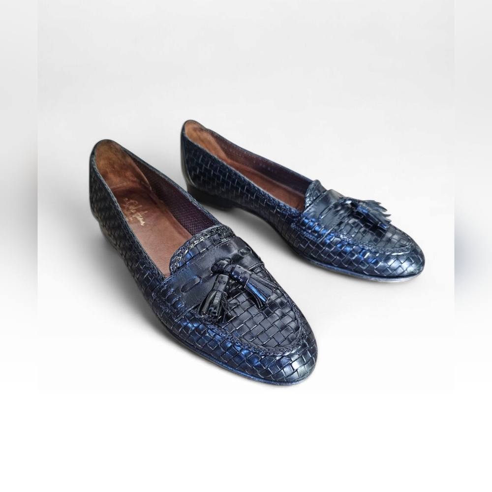 COLE HAAN Vtg Women Black Woven Tassel Leather Loafers 9AA Made in Italy
